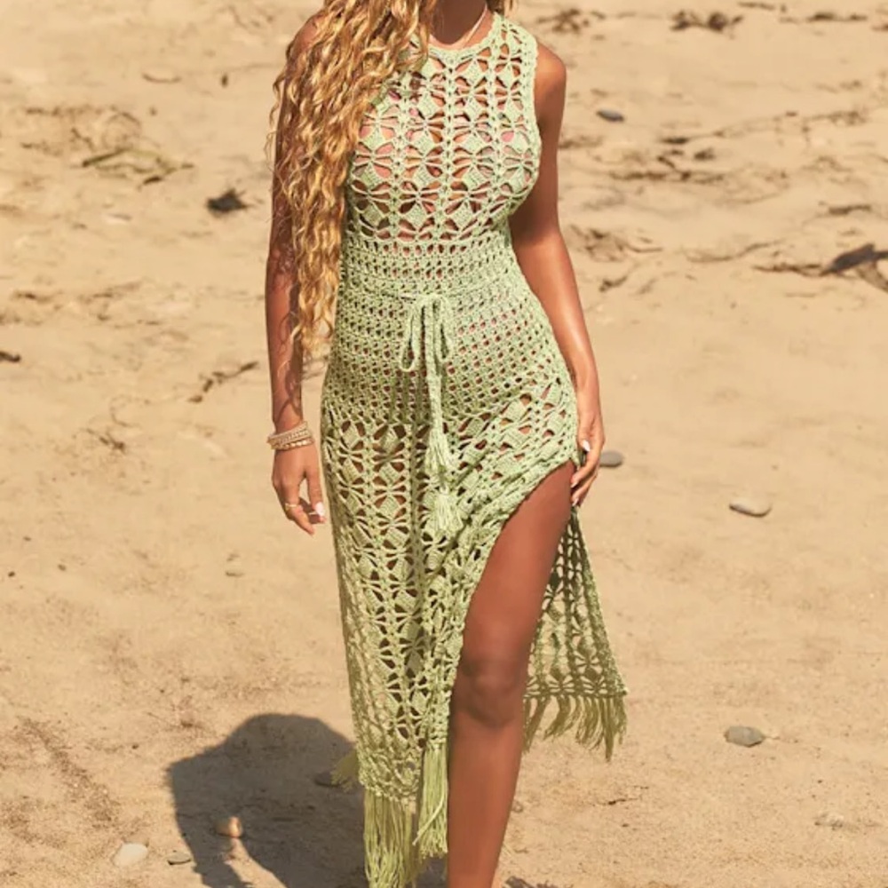 Lulus Endless Waves Sage Green Crochet Fringe Midi Swim Cover-Up Size S